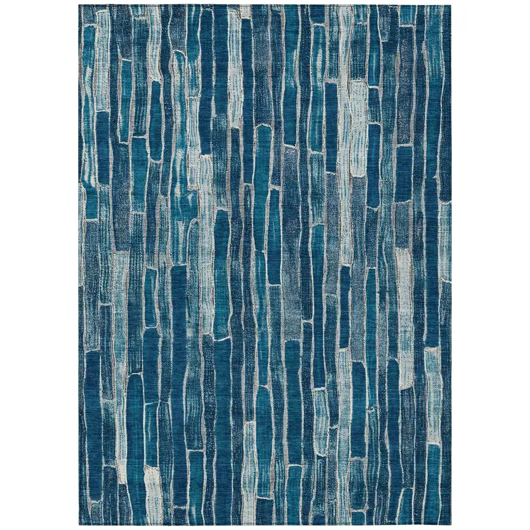 9' X 12' Blue And Light Blue Striped Washable Indoor Outdoor Area Rug