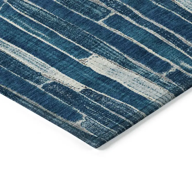 9' X 12' Blue And Light Blue Striped Washable Indoor Outdoor Area Rug