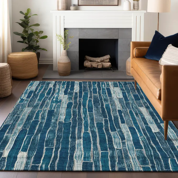 9' X 12' Blue And Light Blue Striped Washable Indoor Outdoor Area Rug