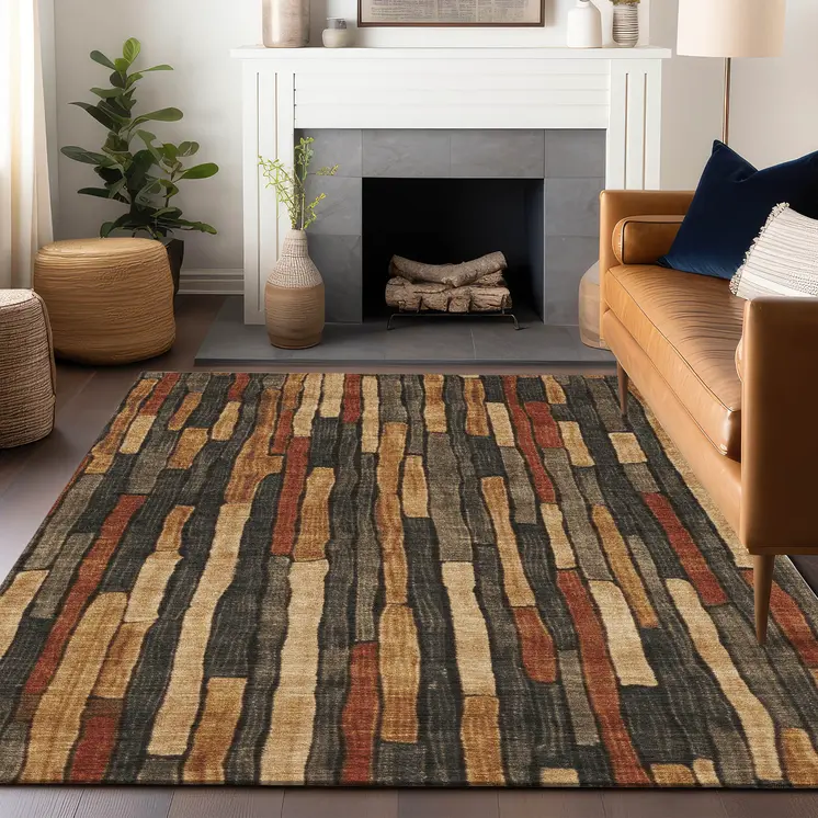 5' X 8' Coffee And Brown Striped Washable Indoor Outdoor Area Rug