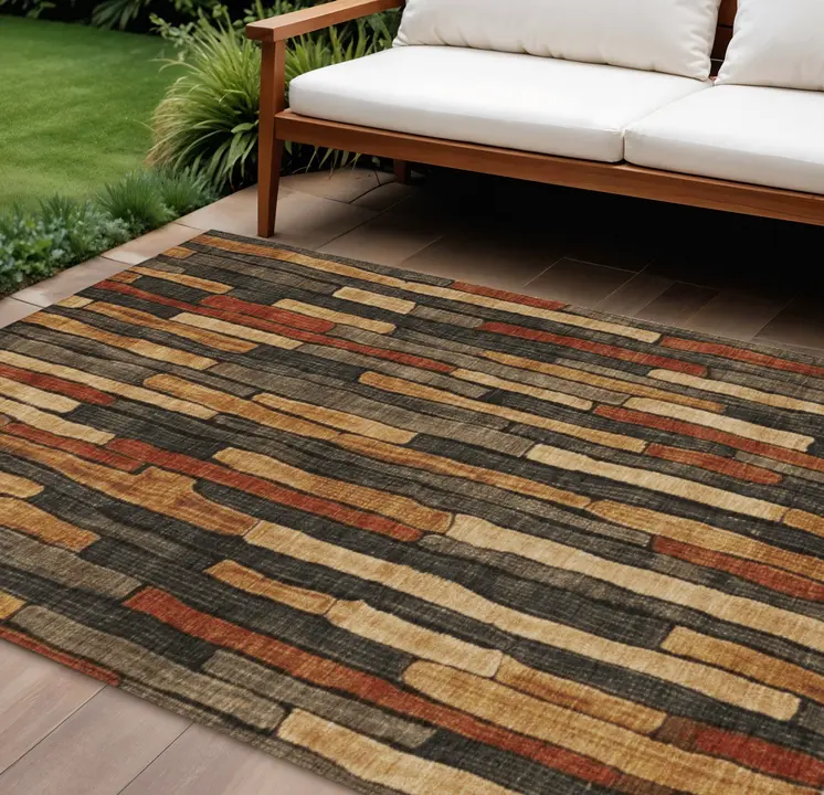 9' X 12' Coffee And Brown Striped Washable Indoor Outdoor Area Rug