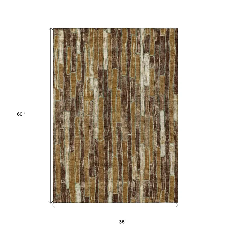 3' X 5' Brown Golden Brown And Beige Striped Washable Indoor Outdoor Area Rug