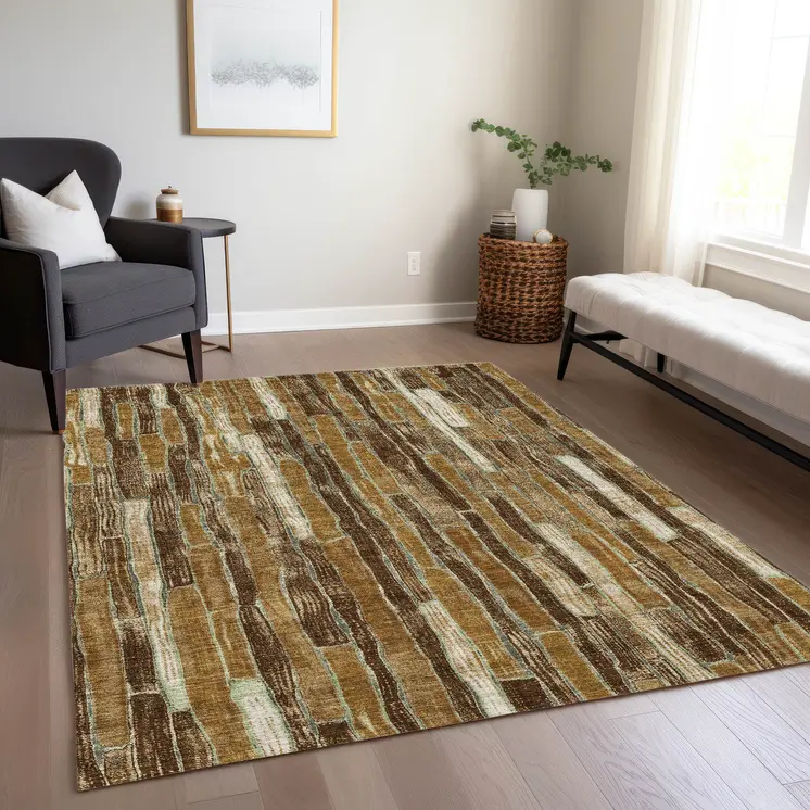 3' X 5' Brown Golden Brown And Beige Striped Washable Indoor Outdoor Area Rug