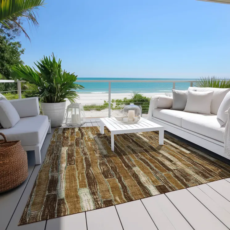 3' X 5' Brown Golden Brown And Beige Striped Washable Indoor Outdoor Area Rug