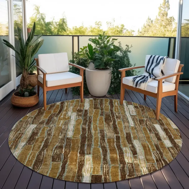 8' Brown Golden Brown And Beige Round Striped Washable Indoor Outdoor Area Rug