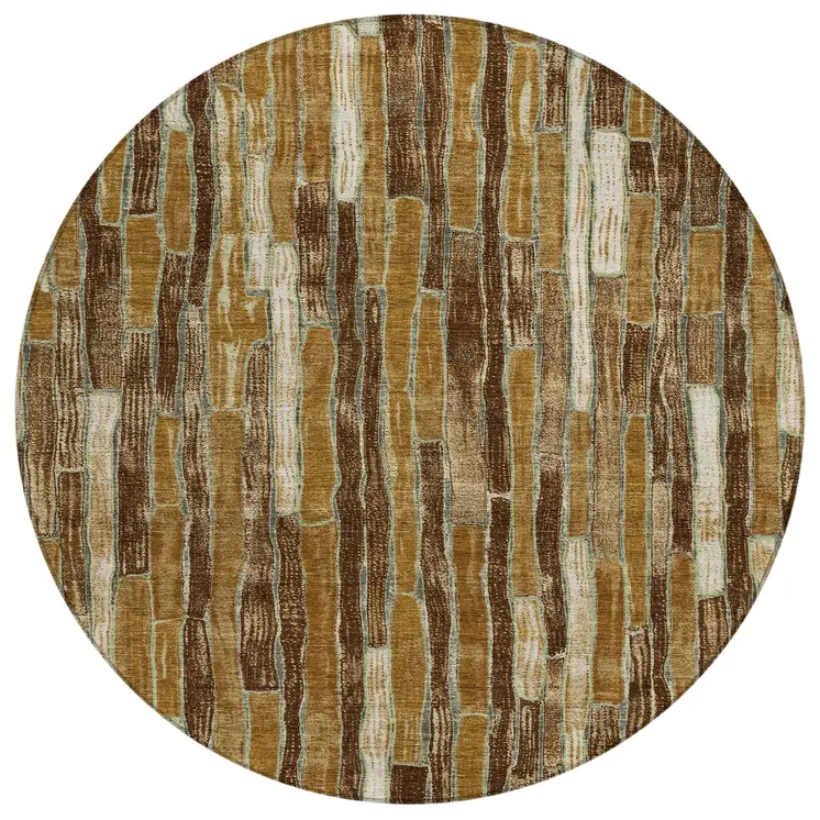 8' Brown Golden Brown And Beige Round Striped Washable Indoor Outdoor Area Rug