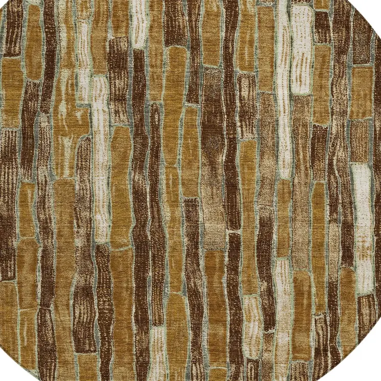 8' Brown Golden Brown And Beige Round Striped Washable Indoor Outdoor Area Rug