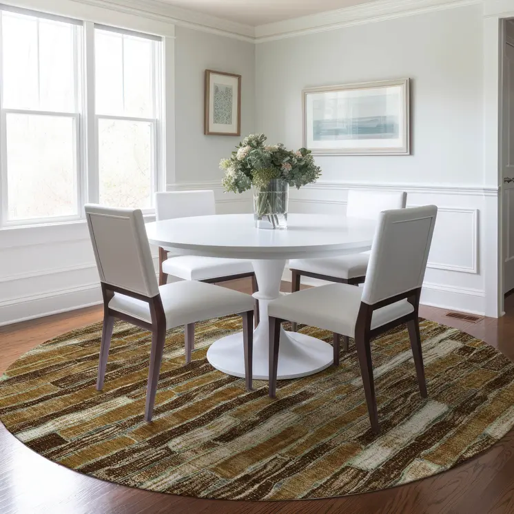 8' Brown Golden Brown And Beige Round Striped Washable Indoor Outdoor Area Rug