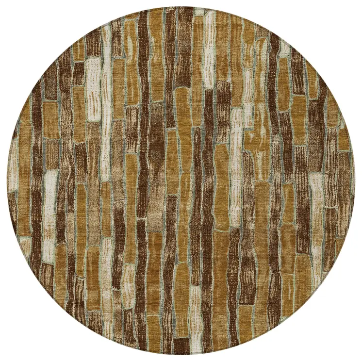 8' Brown Golden Brown And Beige Round Striped Washable Indoor Outdoor Area Rug