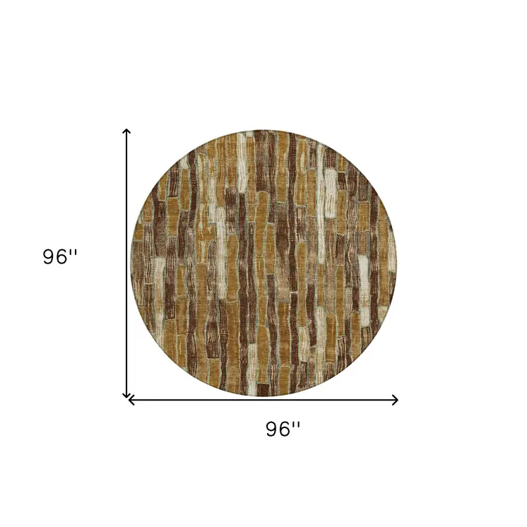 8' Brown Golden Brown And Beige Round Striped Washable Indoor Outdoor Area Rug