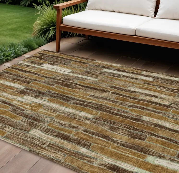 9' X 12' Brown Golden Brown And Beige Striped Washable Indoor Outdoor Area Rug