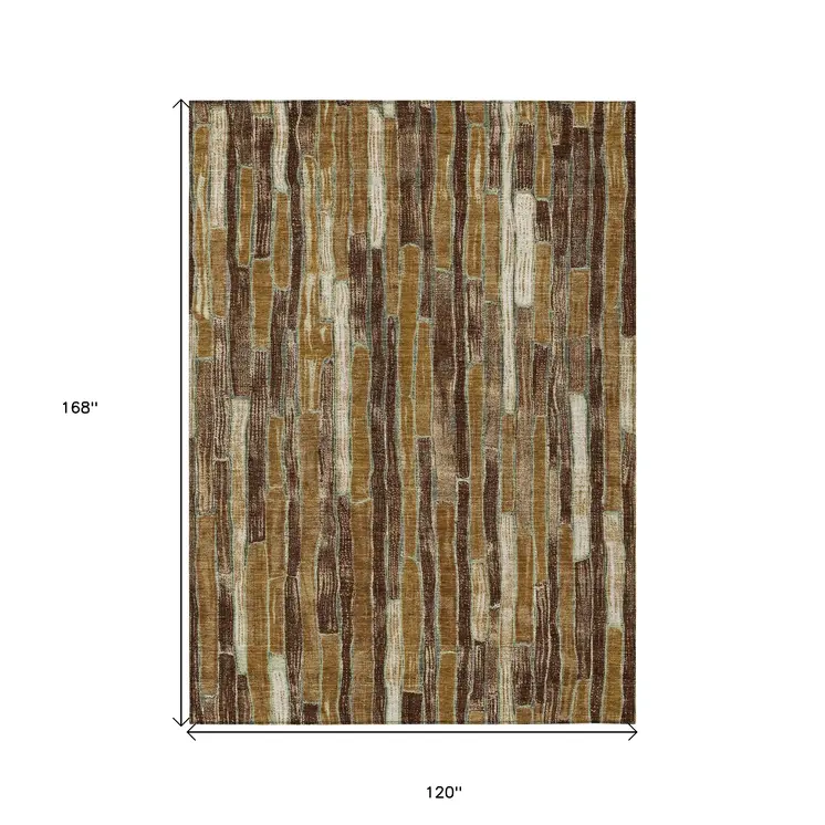 10' X 14' Brown Golden Brown And Beige Striped Washable Indoor Outdoor Area Rug