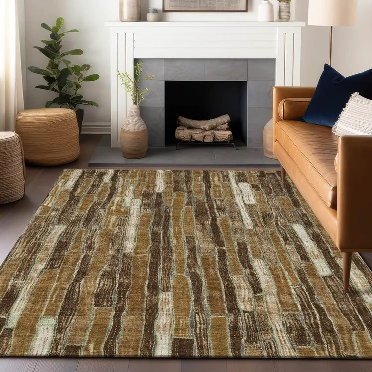 10' X 14' Brown Golden Brown And Beige Striped Washable Indoor Outdoor Area Rug