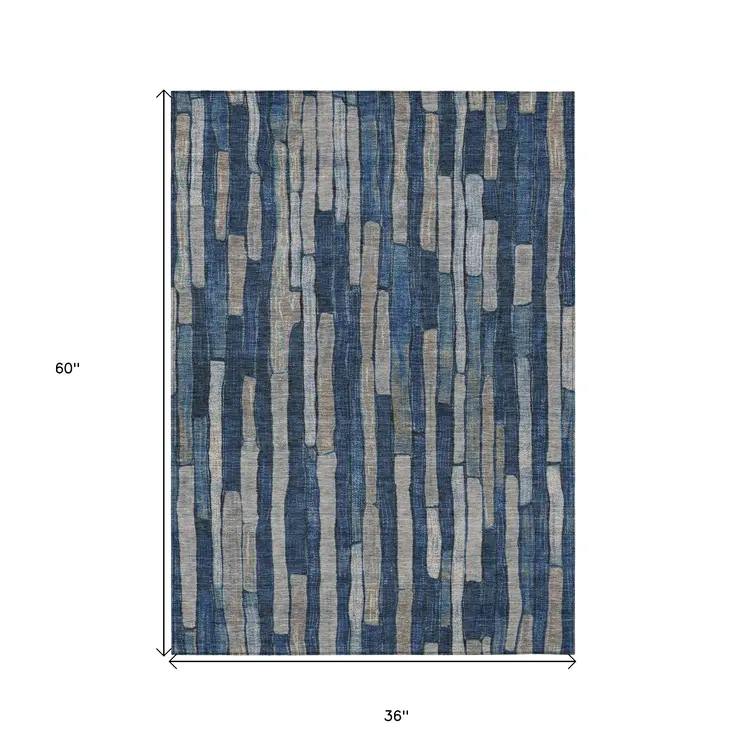 3' X 5' Navy Blue And Denim Blue Striped Washable Indoor Outdoor Area Rug