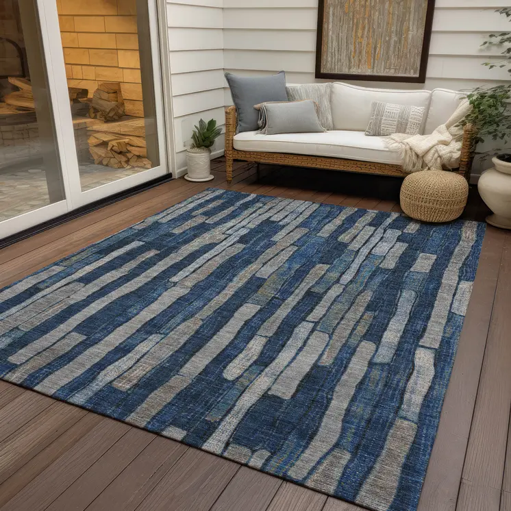 3' X 5' Navy Blue And Denim Blue Striped Washable Indoor Outdoor Area Rug