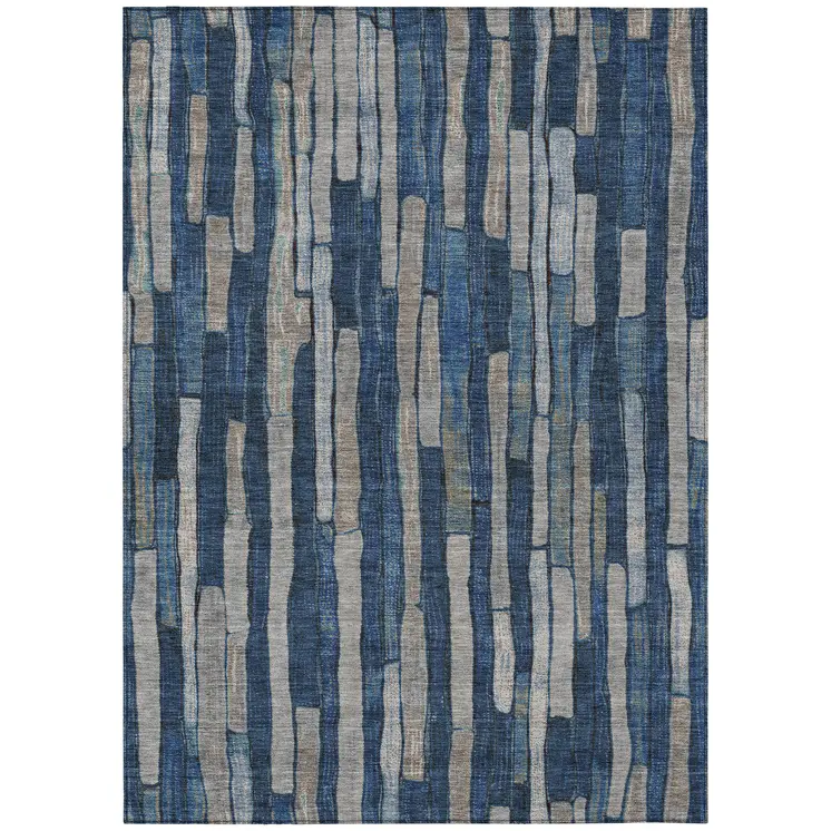 3' X 5' Navy Blue And Denim Blue Striped Washable Indoor Outdoor Area Rug