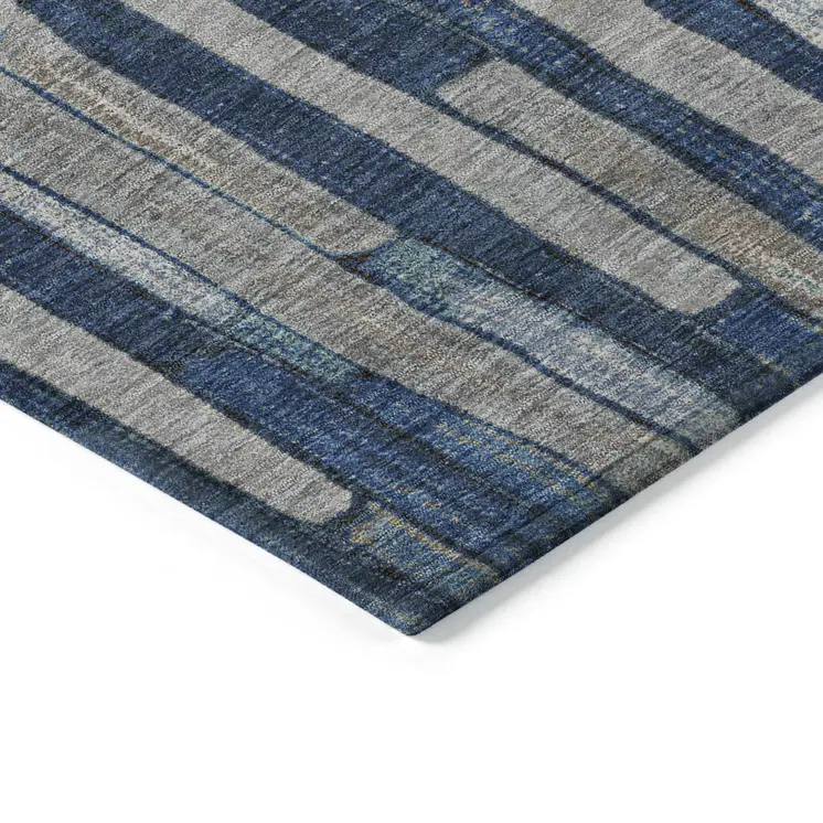 3' X 5' Navy Blue And Denim Blue Striped Washable Indoor Outdoor Area Rug