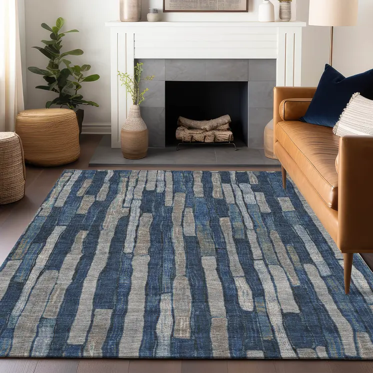 3' X 5' Navy Blue And Denim Blue Striped Washable Indoor Outdoor Area Rug
