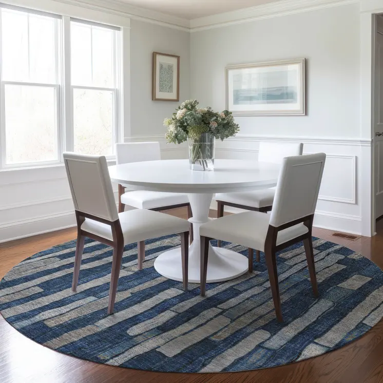 8' Navy Blue And Denim Blue Round Striped Washable Indoor Outdoor Area Rug