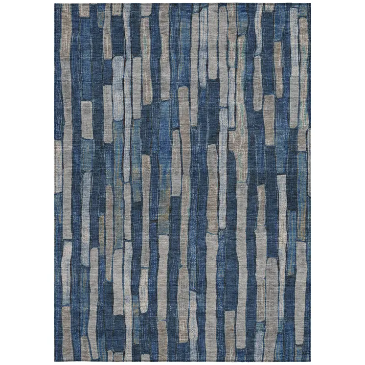 8' X 10' Navy Blue And Denim Blue Striped Washable Indoor Outdoor Area Rug