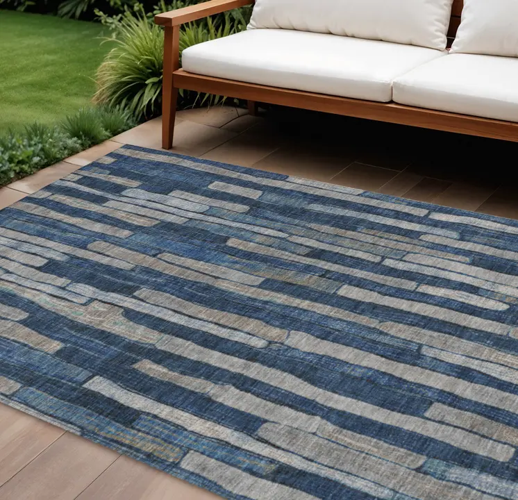 8' X 10' Navy Blue And Denim Blue Striped Washable Indoor Outdoor Area Rug