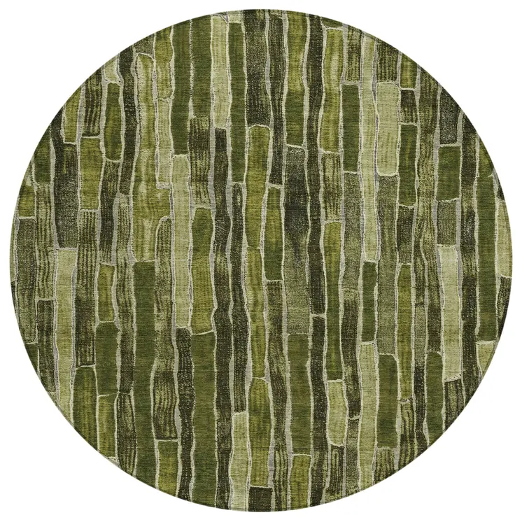 8' Olive Green And Dark Olive Green Round Striped Washable Indoor Outdoor Area Rug