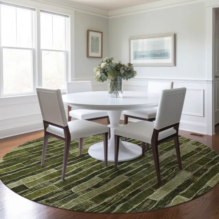 8' Olive Green And Dark Olive Green Round Striped Washable Indoor Outdoor Area Rug