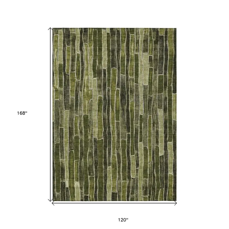 10' X 14' Olive Green And Dark Olive Green Striped Washable Indoor Outdoor Area Rug