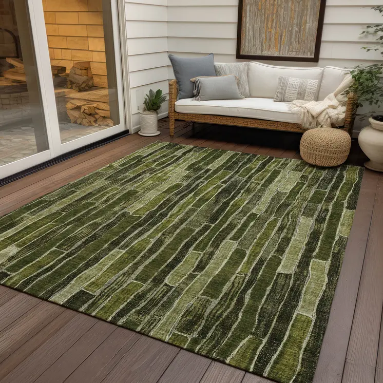 10' X 14' Olive Green And Dark Olive Green Striped Washable Indoor Outdoor Area Rug