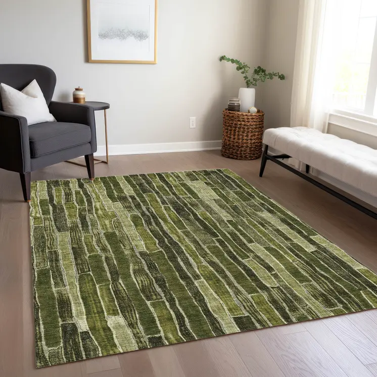 10' X 14' Olive Green And Dark Olive Green Striped Washable Indoor Outdoor Area Rug