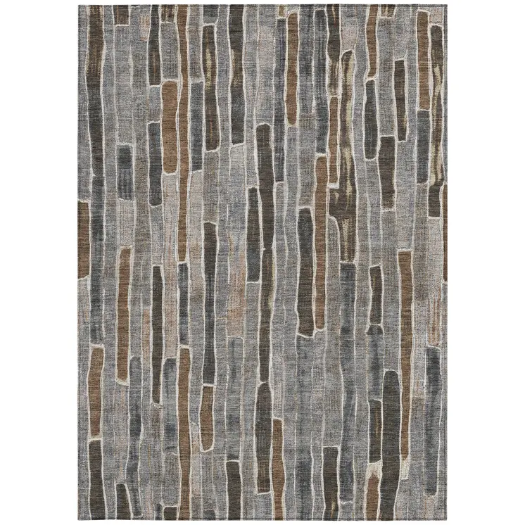 5' X 8' Pewter And Brown Striped Washable Indoor Outdoor Area Rug