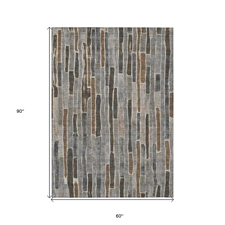 5' X 8' Pewter And Brown Striped Washable Indoor Outdoor Area Rug