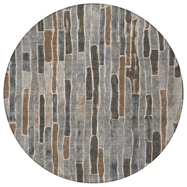 8' Pewter And Brown Round Striped Washable Indoor Outdoor Area Rug