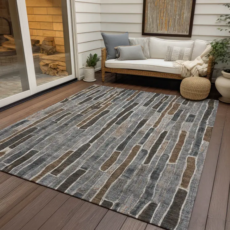8' X 10' Pewter And Brown Striped Washable Indoor Outdoor Area Rug