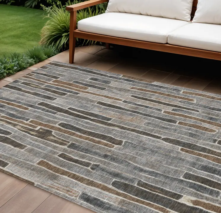10' X 14' Pewter And Brown Striped Washable Indoor Outdoor Area Rug