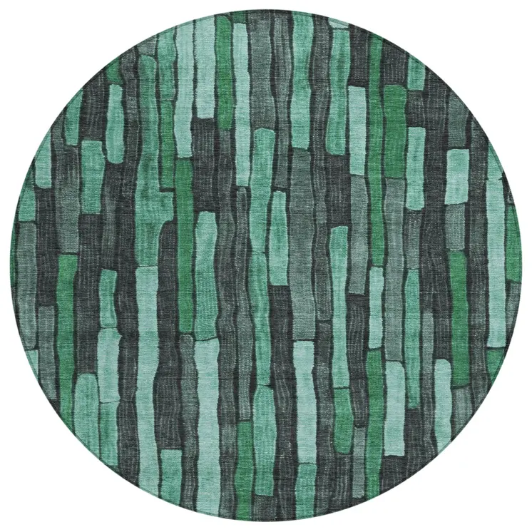 8' Sage Teal Blue And Emerald Round Striped Washable Indoor Outdoor Area Rug
