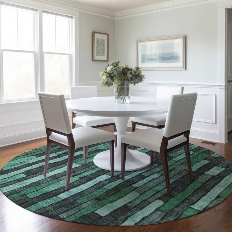 8' Sage Teal Blue And Emerald Round Striped Washable Indoor Outdoor Area Rug