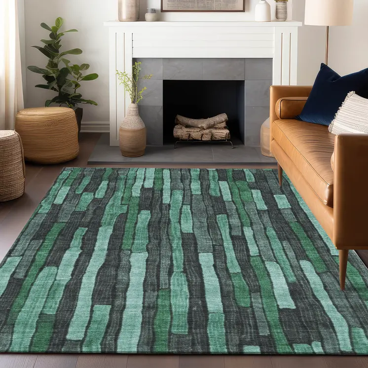 8' X 10' Sage Teal Blue And Emerald Striped Washable Indoor Outdoor Area Rug