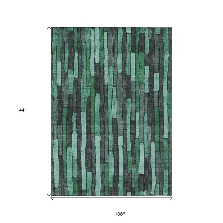 9' X 12' Sage Teal Blue And Emerald Striped Washable Indoor Outdoor Area Rug