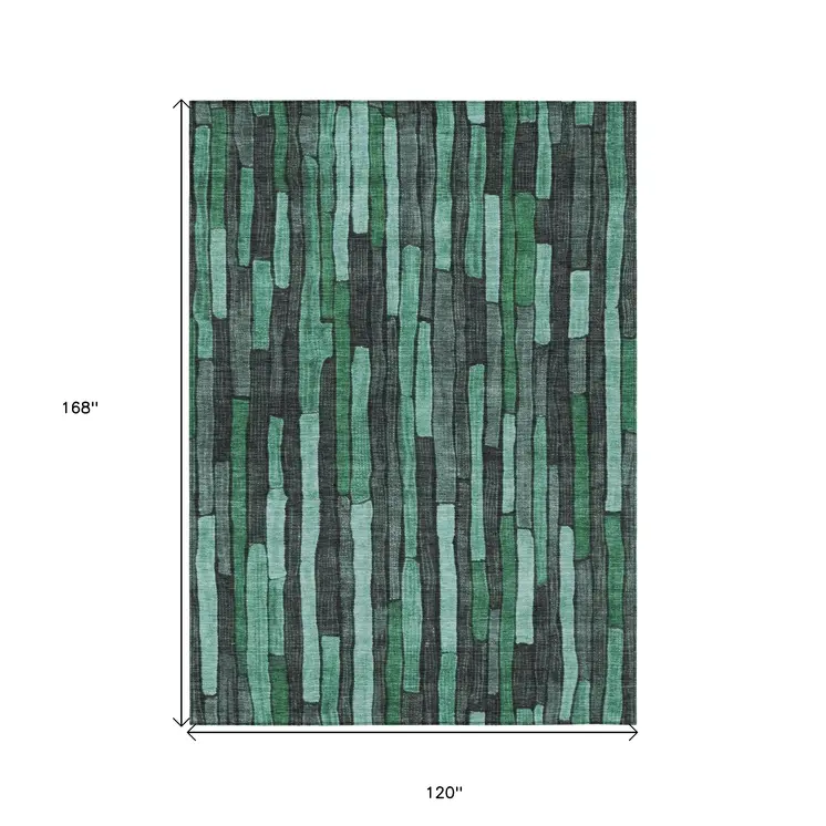 10' X 14' Sage Teal Blue And Emerald Striped Washable Indoor Outdoor Area Rug