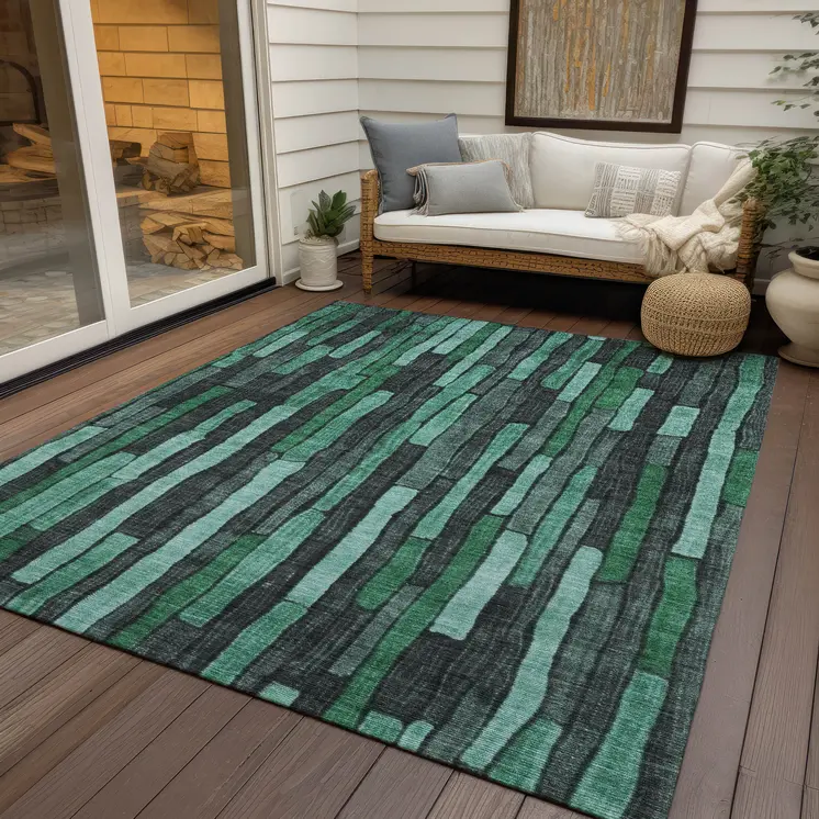 10' X 14' Sage Teal Blue And Emerald Striped Washable Indoor Outdoor Area Rug
