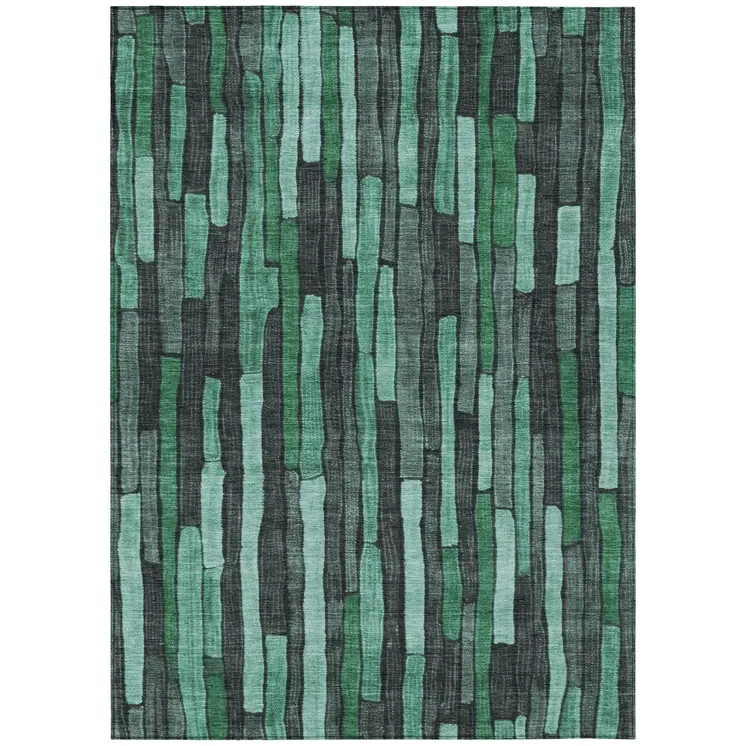10' X 14' Sage Teal Blue And Emerald Striped Washable Indoor Outdoor Area Rug