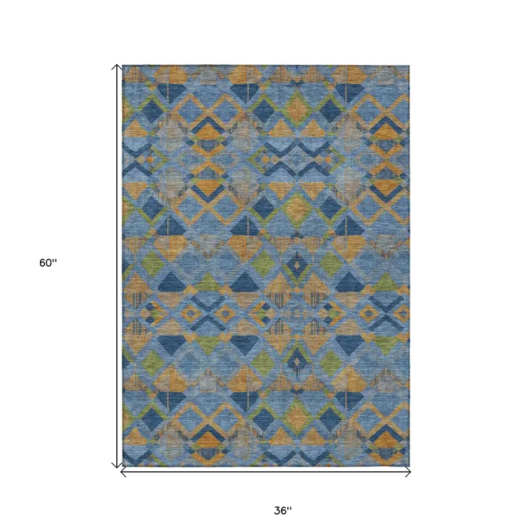 3' X 5' Denim Blue Gold And Green Geometric Washable Indoor Outdoor Area Rug