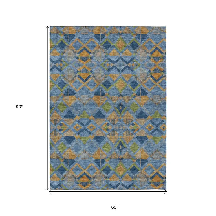 5' X 8' Denim Blue Gold And Green Geometric Washable Indoor Outdoor Area Rug