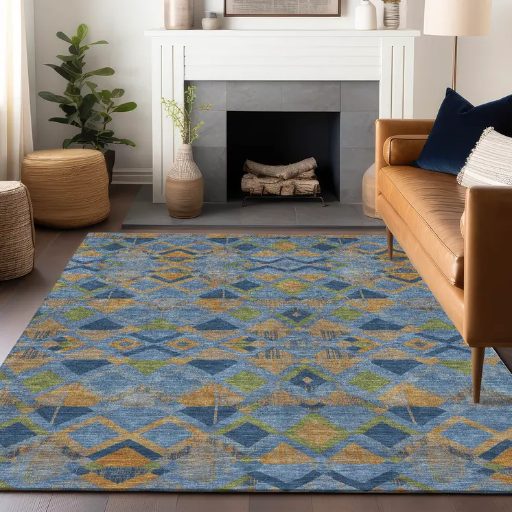 5' X 8' Denim Blue Gold And Green Geometric Washable Indoor Outdoor Area Rug