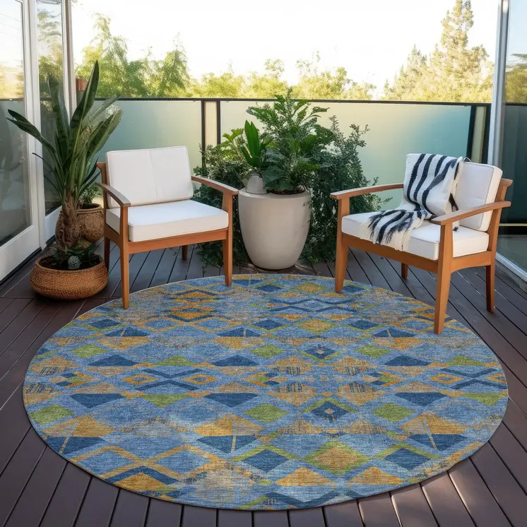 8' Denim Blue Gold And Green Round Geometric Washable Indoor Outdoor Area Rug