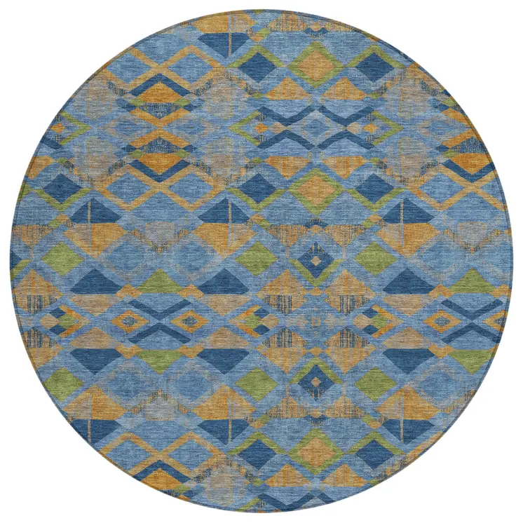 8' Denim Blue Gold And Green Round Geometric Washable Indoor Outdoor Area Rug