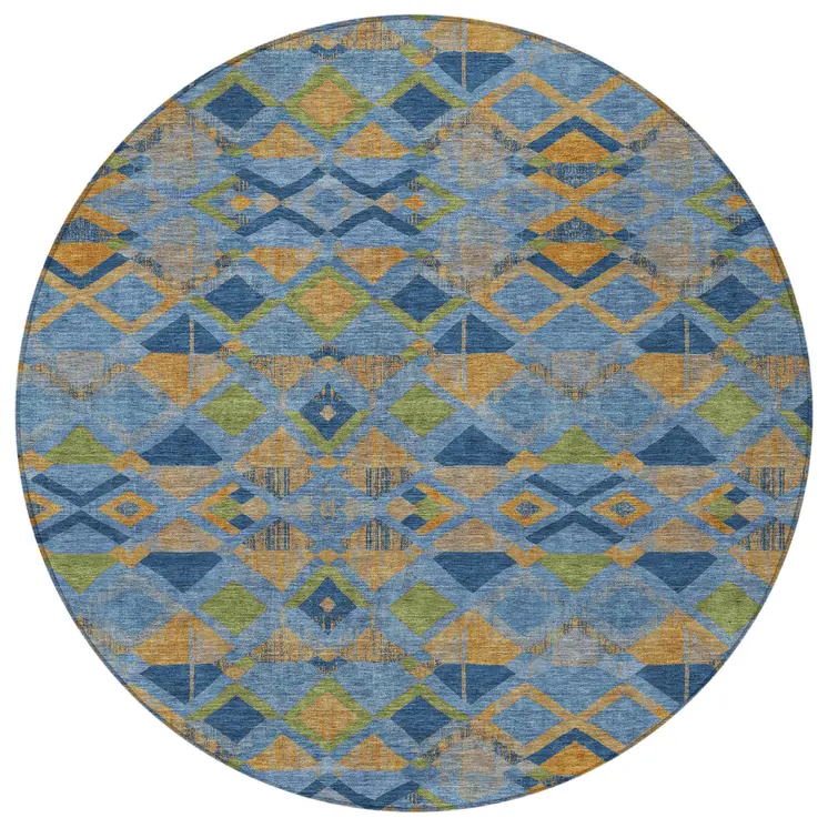 8' Denim Blue Gold And Green Round Geometric Washable Indoor Outdoor Area Rug