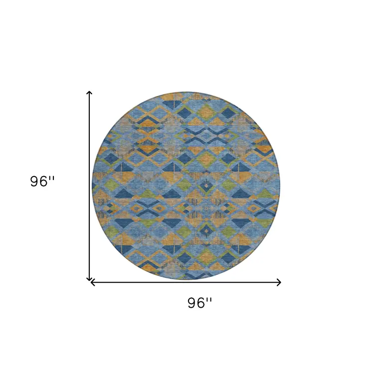 8' Denim Blue Gold And Green Round Geometric Washable Indoor Outdoor Area Rug