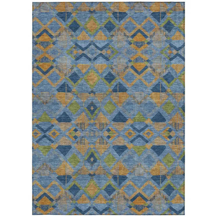 8' X 10' Denim Blue Gold And Green Geometric Washable Indoor Outdoor Area Rug